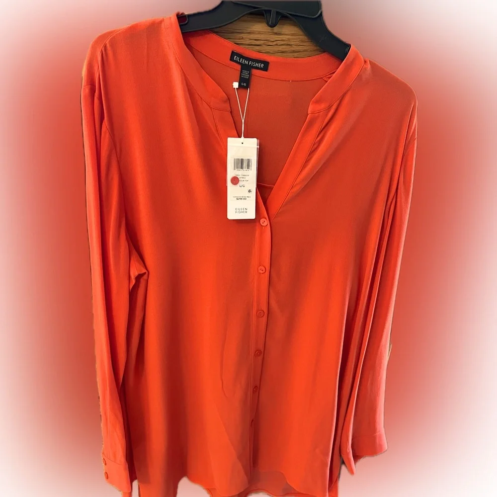 Eileen Fisher Women’s Vibrant Orange Button-Down Silk Shirt - Picture 4 of 10